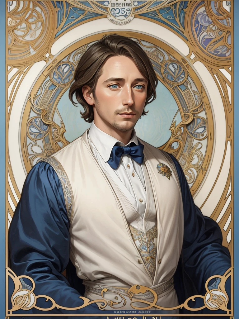 Portrait of Heinrich Heine, white skin, greyish-blue eyes, silky golden-brown hair, refined features, charp jawline, clean shaved, white laced shirt, Art Nouveau style, Mucha style, Mucha background, realism, high quality