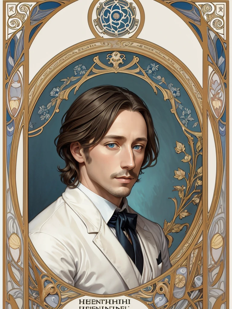 Portrait of Heinrich Heine, white skin, greyish-blue eyes, silky golden-brown hair, refined features, charp jawline, clean shaved, white laced shirt, Art Nouveau style, Mucha style, Mucha background, realism, high quality
