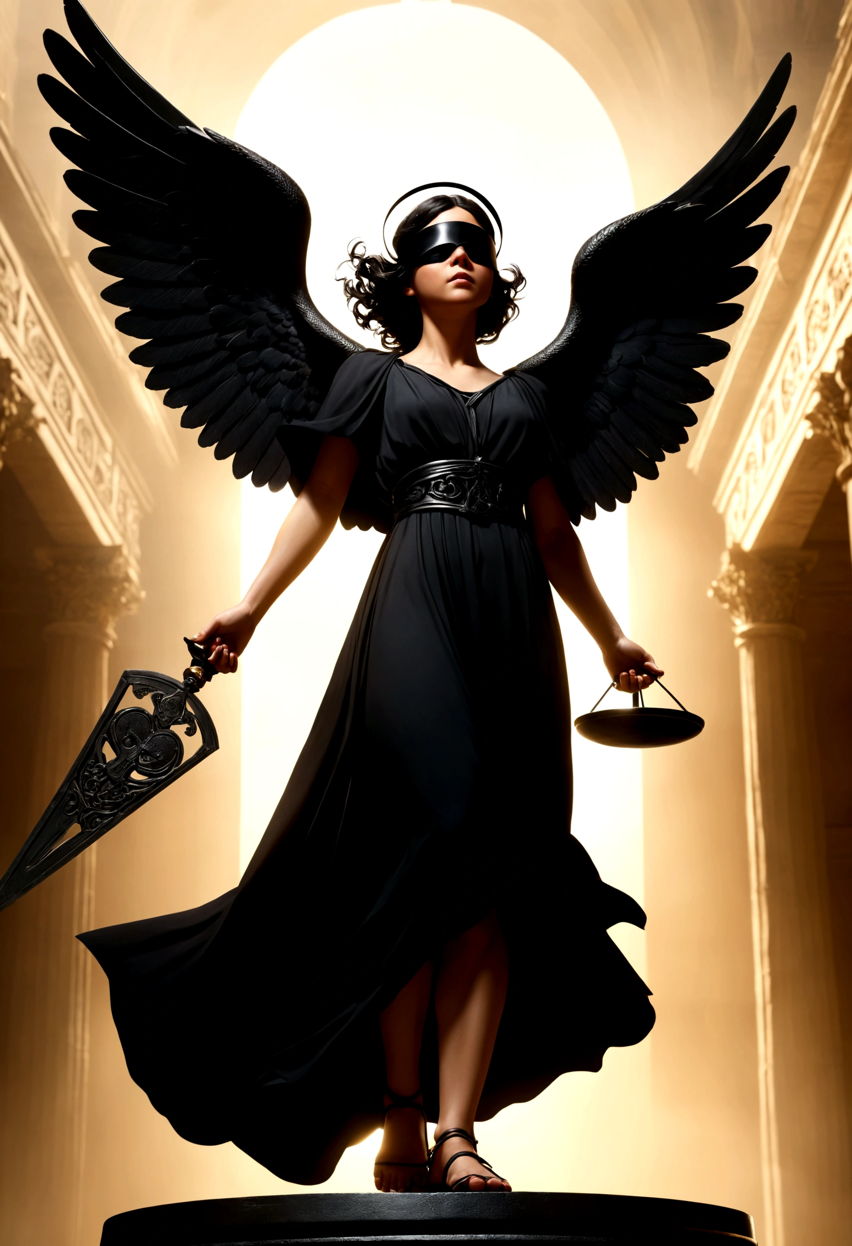  image style levitating suspended in the air: low angle shot: the camera is at ease for a guardian angel film scene This image shows a guardian angel figure with black wings,  the “GP” logo, wearing a black blindfold over the eyes, symbolizing blindness or impartiality. On the one hand, she holds an ancient scales of justice and, For another, a sword, reinforcing the iconography of Justice