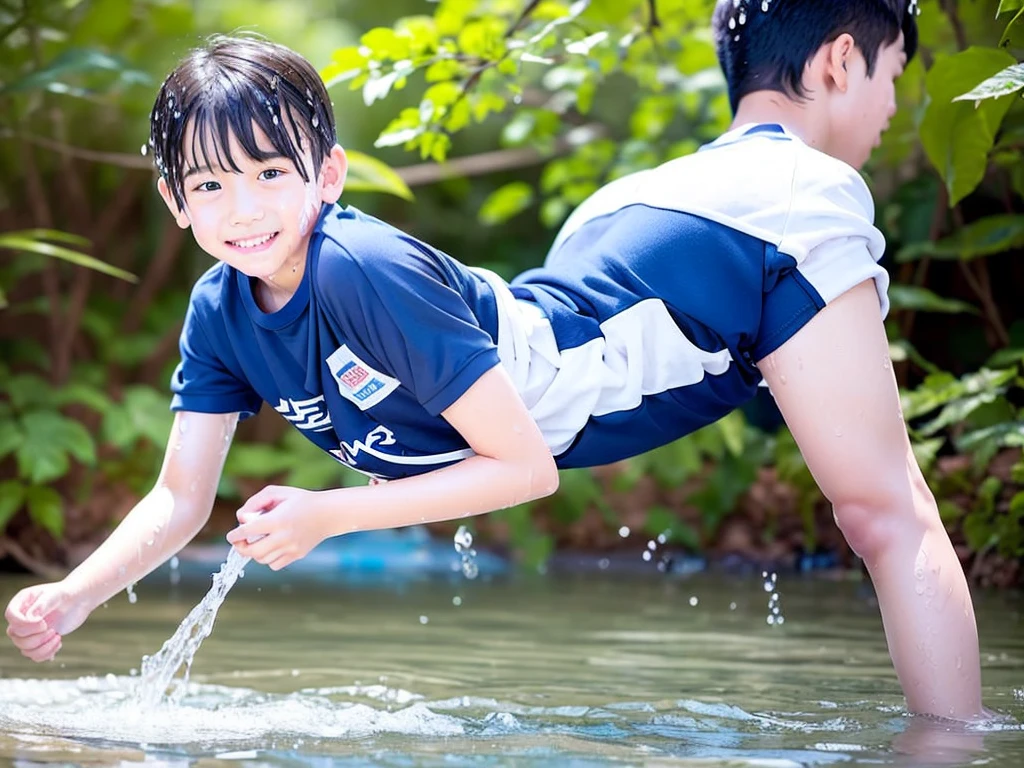 field trips、In the forest、Swimming in the river、10Year old boy、Get wet all over、Noisy boys、Splattering water splashes、Boy in gym clothes、The bottom of the white T-shirt is blue、Blue shorts、Japanese、(Boy 1.4)