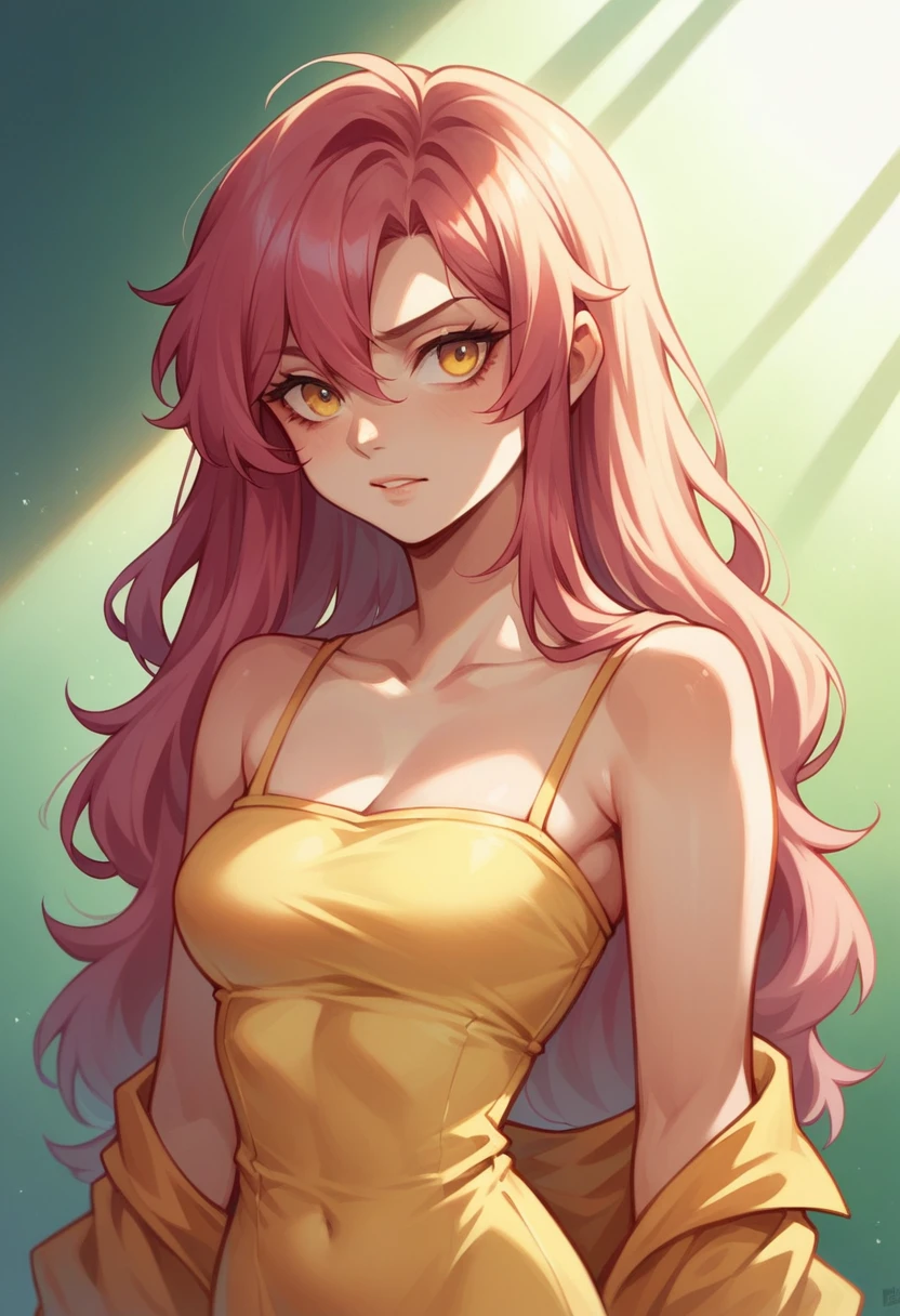 Vada Shanren squeezes Venezuelan female supermodel, Long Hair, Pastel yellow gown, tight, Small upper body portrait, large natural breasts, Hyperrealism, Highly detailed feminine bedroom background,sunlight ,