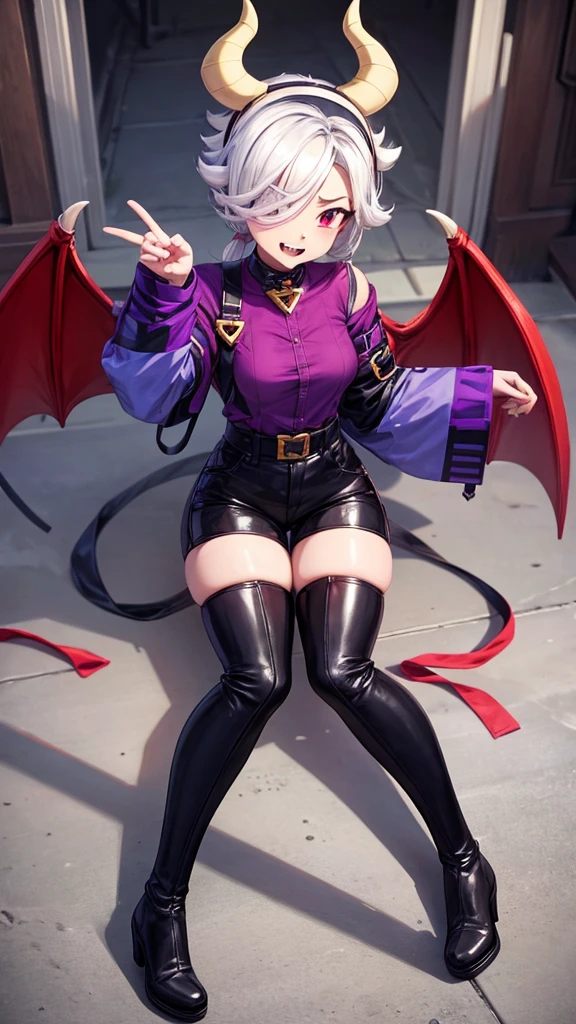 score_9, score_8_up, score_7_up, score_6_up, score_5_up, score_4_up, source_anime , colettetrixie, red skin, sharp teeth, hair over one eye, hairband, demon horns, colored sclera, purple shirt, purple shorts, demon wings, thigh high boots, black boots,
