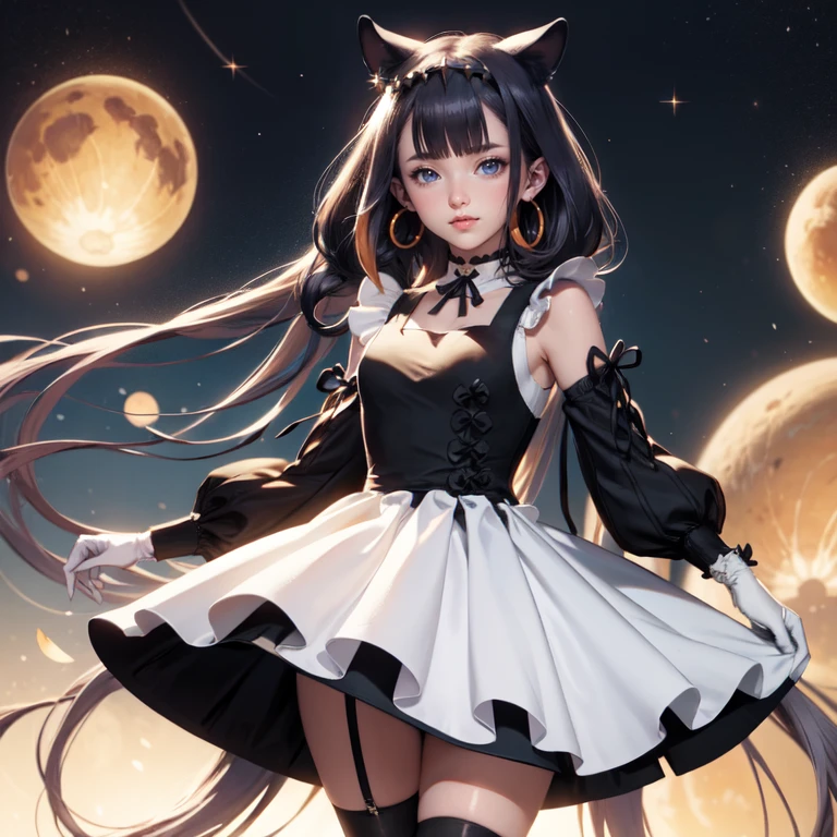 Ninomae Ina'nis, VTuber, 1 girl, solo, alone, violet hair, orange hair, multicolored hair, long hair, ornament hair, 1girl, white maid dress, jewelry, flowing hair, long hair, maid dress with a short skirt and layers, white laces, white boots, white dress with transparency, gold details on her clothes, more details, perfectly body, perfectly hands, two hands, two legs, two arms, five fingers, glowing hair, best quality, cat ears, animal ears, two cat tail, white gloves, alone, maid headdress, choker, detached sleeves, maid dress, maid white dress, masterpiece, best quality, detailed face, night, asymmetrical gloves, bangs, white short skirt , earrings, elbow gloves, fishnet thigh highs, fish masterpiece, solo, best quality, detailed face, gloves, hair between eyes, jewelry, looking at viewer, single earring, sky, sleeveless, solo, thigh boots, thigh highs, uneven gloves, solo, alone, Looking at the viewer, More details on the clothes, magenta roses on her hair, space scenery, maid, maid dress, magenta details, magenta roses, maid headdress, maid apron, seat on the Saturn rings, more details on her clothes, gold details on her clothes, space, smiling, standing her hand to a viewer, looking at the viewer, in the background a several asteroids glowing with fiery auras, Dramatic lighting from distant stars and planets illuminates the scene, looking at the vast and mysterious universe, cowboy shot, upper body portrait, more details, sparkle,