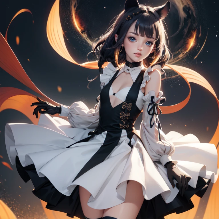 Ninomae Ina'nis, VTuber, 1 girl, solo, alone, violet hair, orange hair, multicolored hair, long hair, ornament hair, 1girl, white maid dress, jewelry, flowing hair, long hair, maid dress with a short skirt and layers, white laces, white boots, white dress with transparency, gold details on her clothes, more details, perfectly body, perfectly hands, two hands, two legs, two arms, five fingers, glowing hair, best quality, cat ears, animal ears, two cat tail, white gloves, alone, maid headdress, choker, detached sleeves, maid dress, maid white dress, masterpiece, best quality, detailed face, night, asymmetrical gloves, bangs, white short skirt , earrings, elbow gloves, fishnet thigh highs, fish masterpiece, solo, best quality, detailed face, gloves, hair between eyes, jewelry, looking at viewer, single earring, sky, sleeveless, solo, thigh boots, thigh highs, uneven gloves, solo, alone, Looking at the viewer, More details on the clothes, magenta roses on her hair, space scenery, maid, maid dress, magenta details, magenta roses, maid headdress, maid apron, seat on the Saturn rings, more details on her clothes, gold details on her clothes, space, smiling, standing her hand to a viewer, looking at the viewer, in the background a several asteroids glowing with fiery auras, Dramatic lighting from distant stars and planets illuminates the scene, looking at the vast and mysterious universe, cowboy shot, upper body portrait, more details, sparkle,