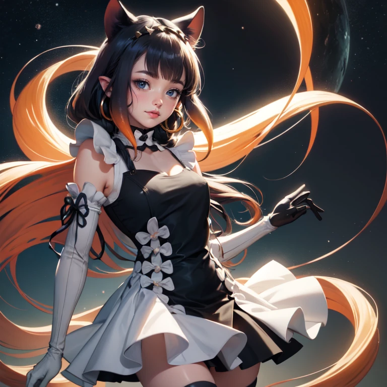 Ninomae Ina'nis, VTuber, 1 girl, solo, alone, violet hair, orange hair, multicolored hair, long hair, ornament hair, 1girl, white maid dress, jewelry, flowing hair, long hair, maid dress with a short skirt and layers, white laces, white boots, white dress with transparency, gold details on her clothes, more details, perfectly body, perfectly hands, two hands, two legs, two arms, five fingers, glowing hair, best quality, cat ears, animal ears, two cat tail, white gloves, alone, maid headdress, choker, detached sleeves, maid dress, maid white dress, masterpiece, best quality, detailed face, night, asymmetrical gloves, bangs, white short skirt , earrings, elbow gloves, fishnet thigh highs, fish masterpiece, solo, best quality, detailed face, gloves, hair between eyes, jewelry, looking at viewer, single earring, sky, sleeveless, solo, thigh boots, thigh highs, uneven gloves, solo, alone, Looking at the viewer, More details on the clothes, magenta roses on her hair, space scenery, maid, maid dress, magenta details, magenta roses, maid headdress, maid apron, seat on the Saturn rings, more details on her clothes, gold details on her clothes, space, smiling, standing her hand to a viewer, looking at the viewer, in the background a several asteroids glowing with fiery auras, Dramatic lighting from distant stars and planets illuminates the scene, looking at the vast and mysterious universe, cowboy shot, upper body portrait, more details, sparkle,