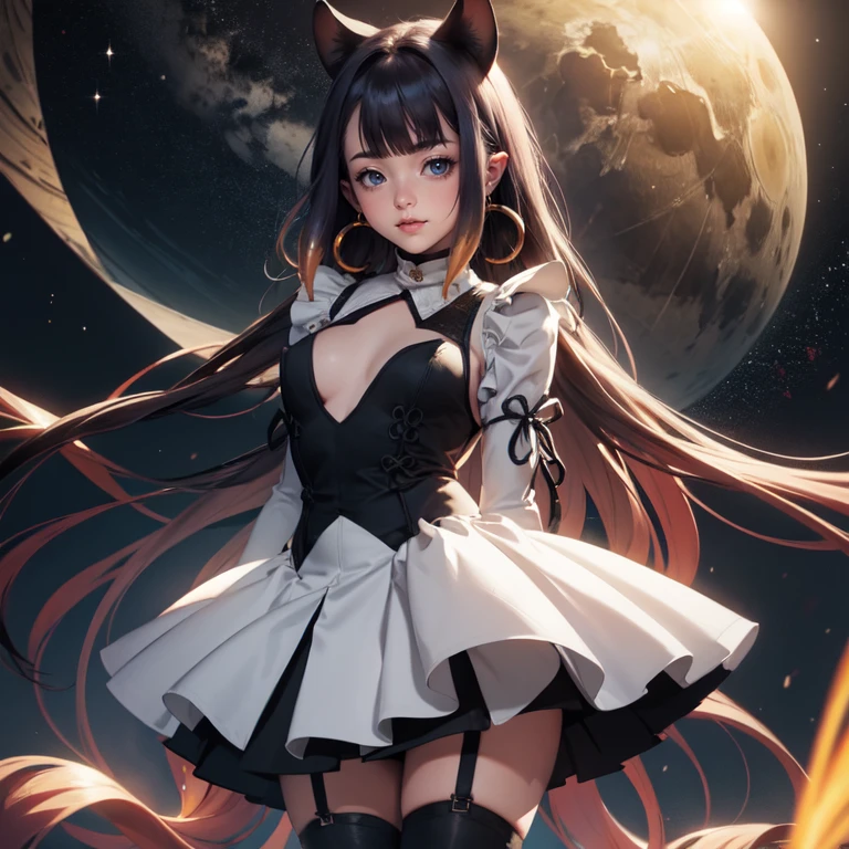 Ninomae Ina'nis, VTuber, 1 girl, solo, alone, violet hair, orange hair, multicolored hair, long hair, ornament hair, 1girl, white maid dress, jewelry, flowing hair, long hair, maid dress with a short skirt and layers, white laces, white boots, white dress with transparency, gold details on her clothes, more details, perfectly body, perfectly hands, two hands, two legs, two arms, five fingers, glowing hair, best quality, cat ears, animal ears, two cat tail, white gloves, alone, maid headdress, choker, detached sleeves, maid dress, maid white dress, masterpiece, best quality, detailed face, night, asymmetrical gloves, bangs, white short skirt , earrings, elbow gloves, fishnet thigh highs, fish masterpiece, solo, best quality, detailed face, gloves, hair between eyes, jewelry, looking at viewer, single earring, sky, sleeveless, solo, thigh boots, thigh highs, uneven gloves, solo, alone, Looking at the viewer, More details on the clothes, magenta roses on her hair, space scenery, maid, maid dress, magenta details, magenta roses, maid headdress, maid apron, seat on the Saturn rings, more details on her clothes, gold details on her clothes, space, smiling, standing her hand to a viewer, looking at the viewer, in the background a several asteroids glowing with fiery auras, Dramatic lighting from distant stars and planets illuminates the scene, looking at the vast and mysterious universe, cowboy shot, upper body portrait, more details, sparkle,