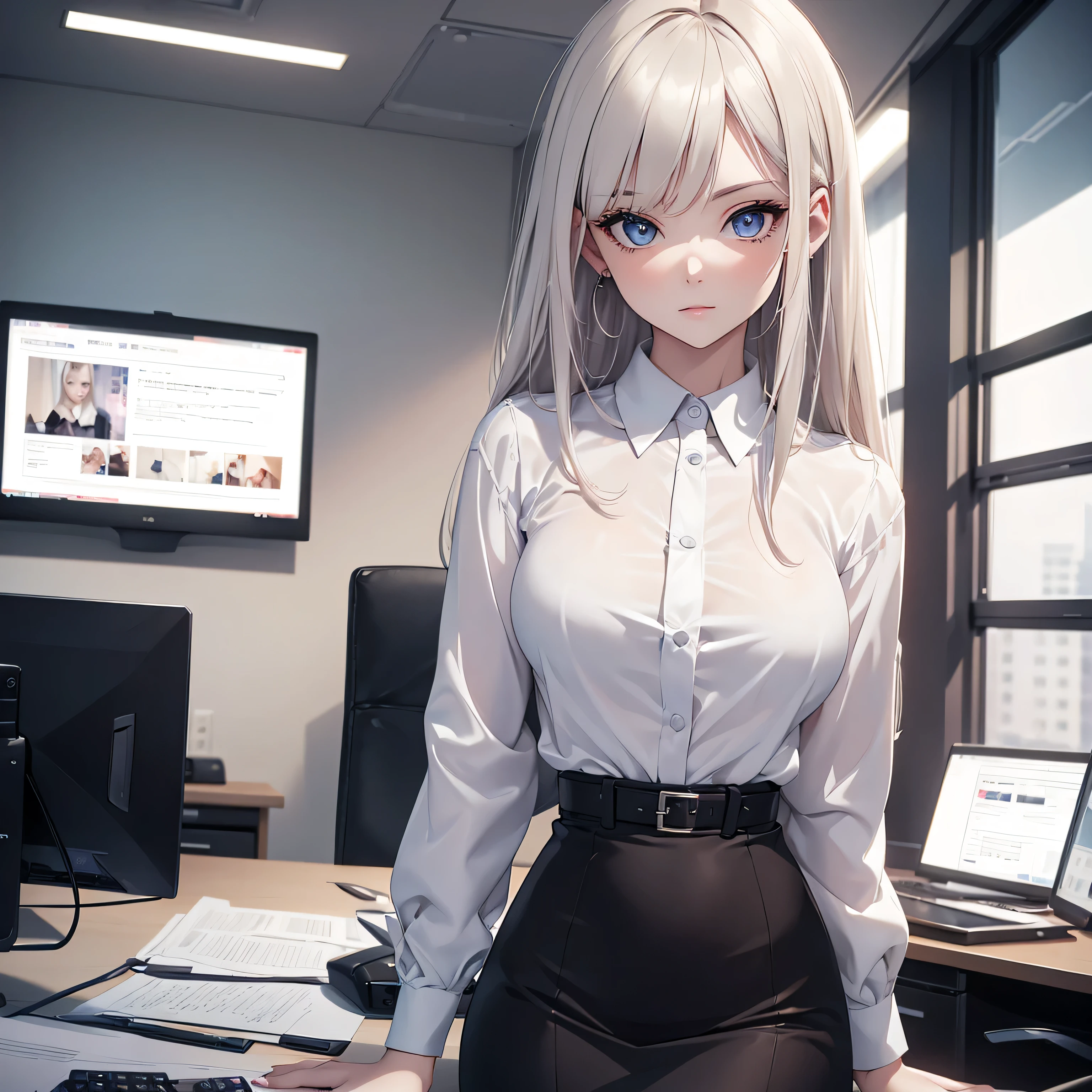 (8K, Best Quality, Masterpiece, Ultra High Resolution) 1Girl, Beautiful Eyes, Face Details, Platinum Hair, Hazel Eyes, Pale Skin, Slender, Tall, Office Attire, Blouse, Skirt, Inside Office, Best Quality, Upper Body, Looking at the Viewer, Facing Viewer, Close Up