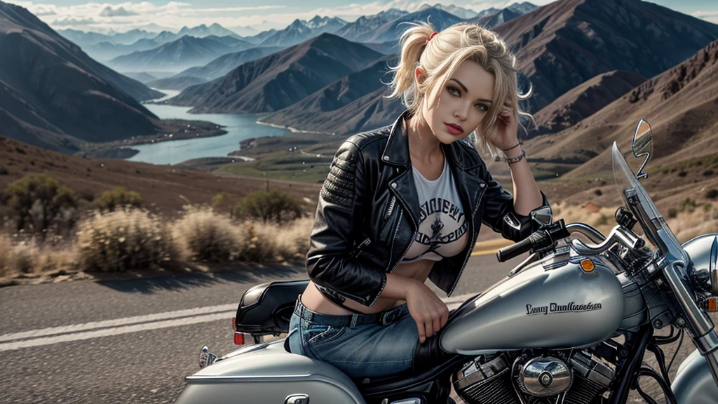 ((masterpiece)), ((best quality)), ((hyper detail)), wide angle shooting, digital painting, beautiful, sexy woman, long straight hair, eyebrows, perfect face, big breasts, T-shirt, leather jacket, big thighs, (short shorts), woman leaning on ((harley davidson motorbike:1.2)), unreal engine, (motorcycle paint job featuring a skull with a mix of traditional and modern designs), worn and well loved looking leather jacket, background, big road, hills, mountains, beautiful scenic atmosphere full of a sense of adventure and challenge, realistic, depth of field, professional photographer, (high detail), (intricate detail), (octane rendering), hd, uhd, 1