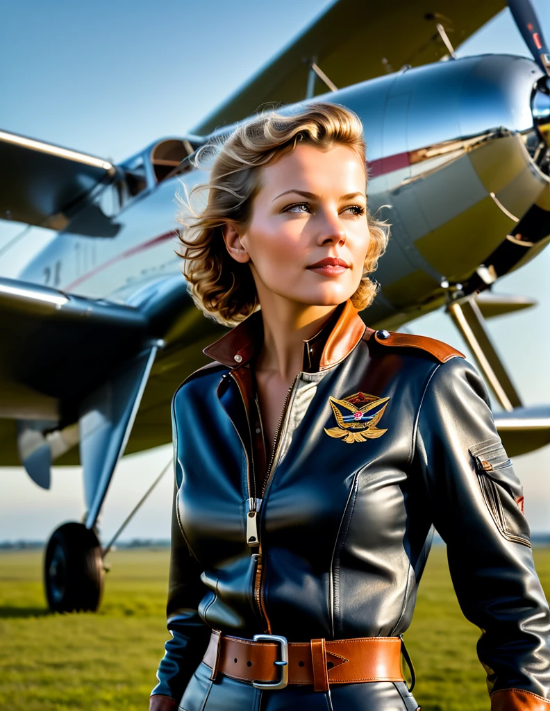 Masterpiece, Imagine Amelia Earhart in 1932, a 35 years old American woman, standing confidently beside her Lockheed Vega aircraft on the brink of her historic solo transatlantic flight. She's dressed in her iconic pilot attire: a leather flight jacket, breeches, and tall lace-up boots, embodying the spirit of adventure. Her gaze is fixed on the horizon, a symbol of her determination and pioneering spirit. The Vega, a symbol of technological achievement of the era, gleams under the early morning sun, poised on a grassy airfield. This moment captures the anticipation and courage of a trailblazer about to etch her name into the annals of aviation history, 16K, ultra high res.photorealistic, UHD, RAW
INFO