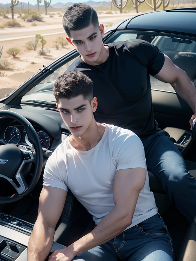 (Create a masterpiece:1.2),(CGI art:1.3),(realistic:1.5),(After processing:1.3),(Sharp focus:1.3),1 man holds the steering wheel of a car,(crew cut short hair:1.8),black eye,smile,(Wear color navy round neck T-shirt with a Police badge:1.3),Navy blue jeans,Korean guy,korean men,(High gloss details),chest muscles,large arm muscles,blood vessel,Big muscles,Broad shoulders,looking at the audience,Balancing the eyes,middle of the road,(drive a car:1.5),(in the car:1.3),middle of the road,(desert:1.5),