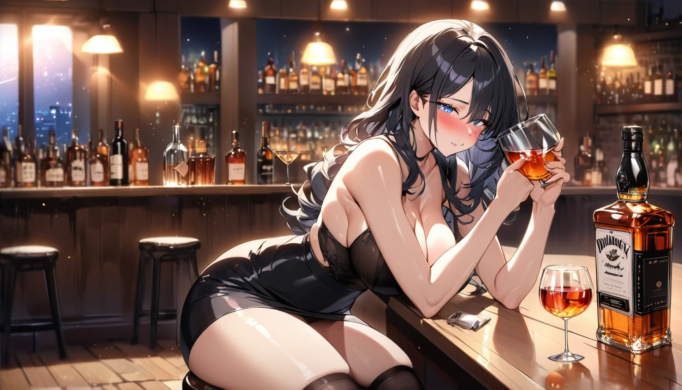 best quality, 4K, high resolution, masterpiece:1.2, Extremely detailed),Looking at the camera sadly,Large Breasts,30 years old girl,独奏,black hair,long hair,blue eyes,(drunk,blush),sitting,drinking,((Mature sexy body)),Black stockings,Black tight skirt, Mature sexy body,holding mug,counter,pub,(Fashion bar) indoors, ((Cocktail Glass) Full of colorful wine), (dimly light room), Wine Bottle, Detailed background,Fluffy hair,((((Night scene background))))), (((at the bar))), wine, whiskey, High ball,(Shiny and glowing, Effect:1.2)