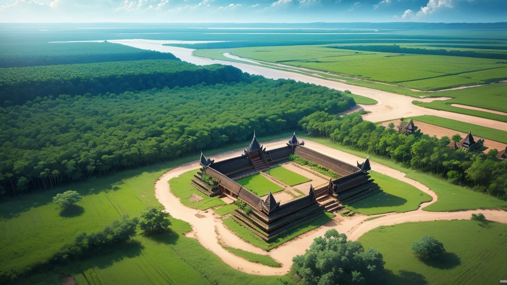 Beautiful scenery of ancient Cambodian village. Aerial view. Photorealistic photos, High definition. 8K