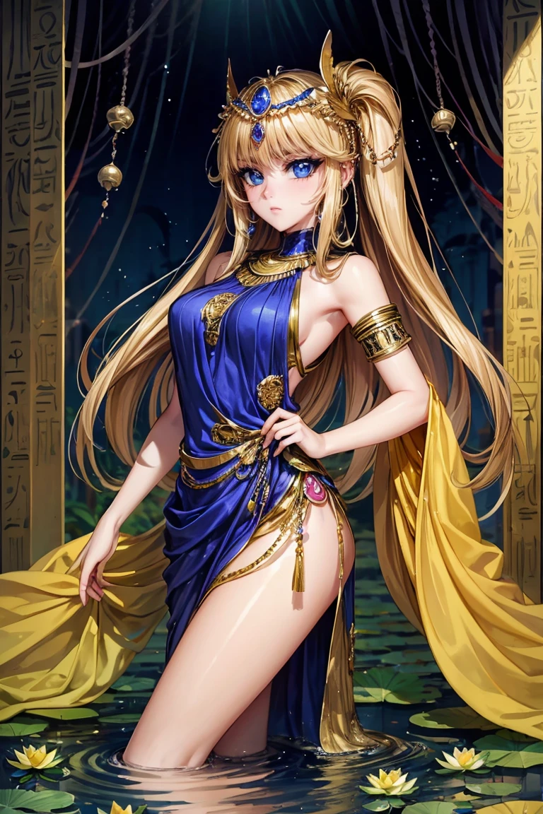 1 Girl,Blonde hair，straight blonde hair，Egyptian clothing，Egyptian Dress Up，Egyptian Queen，Welcome，Young girls，Emerald eyes，Exquisite eyes，beautiful脸庞，Stand by the lotus pond，Detailed CG，image，beautiful，Smooth and fair skin，Ultra high quality，Egyptian Eyeliner，Egypt Baotou