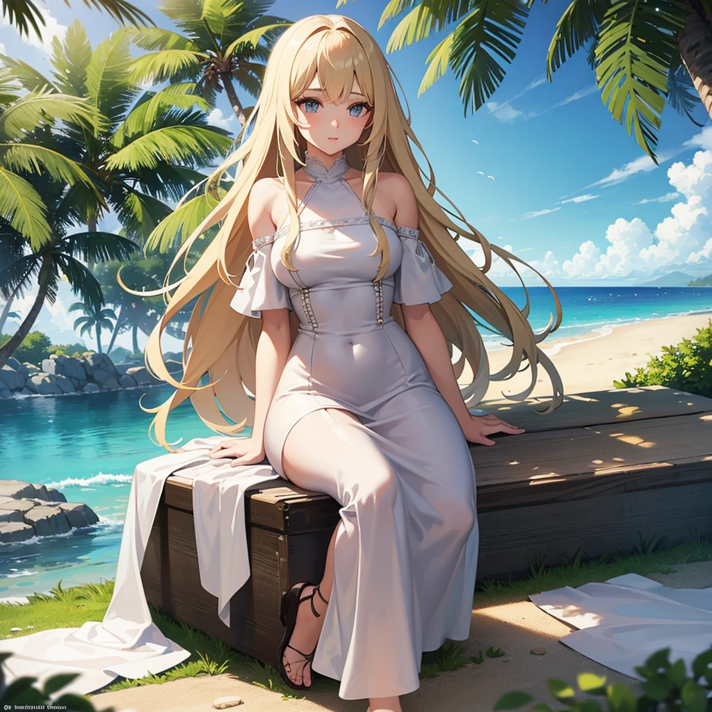 waifu, fictional female person, beautiful loving girl with long blond hair, wearing transparent white dress, waifu dreamy expression, sitting on a beach near the ocean, ocean of palm trees, serene expression, sunlight shining on her face , detailed facial features, detailed clothing, detailed sand and ocean waves, best quality, 4k, 8k, high resolution, masterpiece: 1.2, ultra detailed, realistic, photorealistic, photo-realistic: 1.37, lighting studio, bright colors, natural lighting, serene landscape, peaceful atmosphere.
