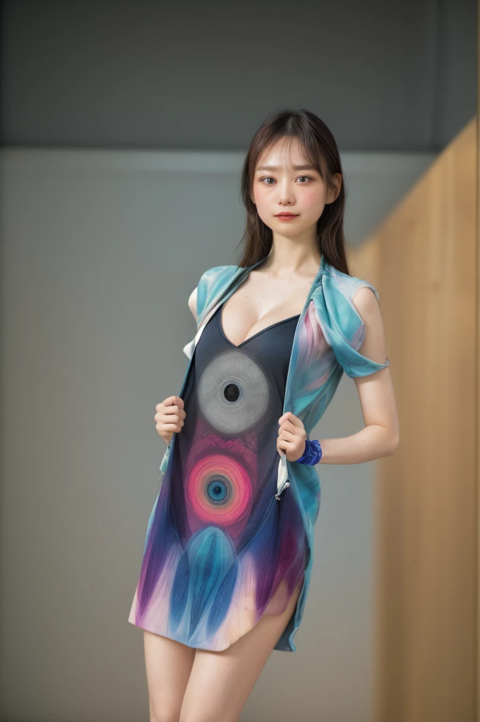 Realistic、(masterpiece、Highest quality、Highest quality、Official Art、beautifully、aesthetic:1.2)、Symmetrical face,Very detailed、woman,日本人woman,colorful、The finest details、Tangled、(The background is bright and abstract:1.5)、Bright Eyes、Back to all、Masseter region,High resolution,Idol、clavicle、photograph、movie、Eyes from below,Long Hair,View your audience、Cleavage,((surrealist clothes:1.4)),Puffy eyes,sit