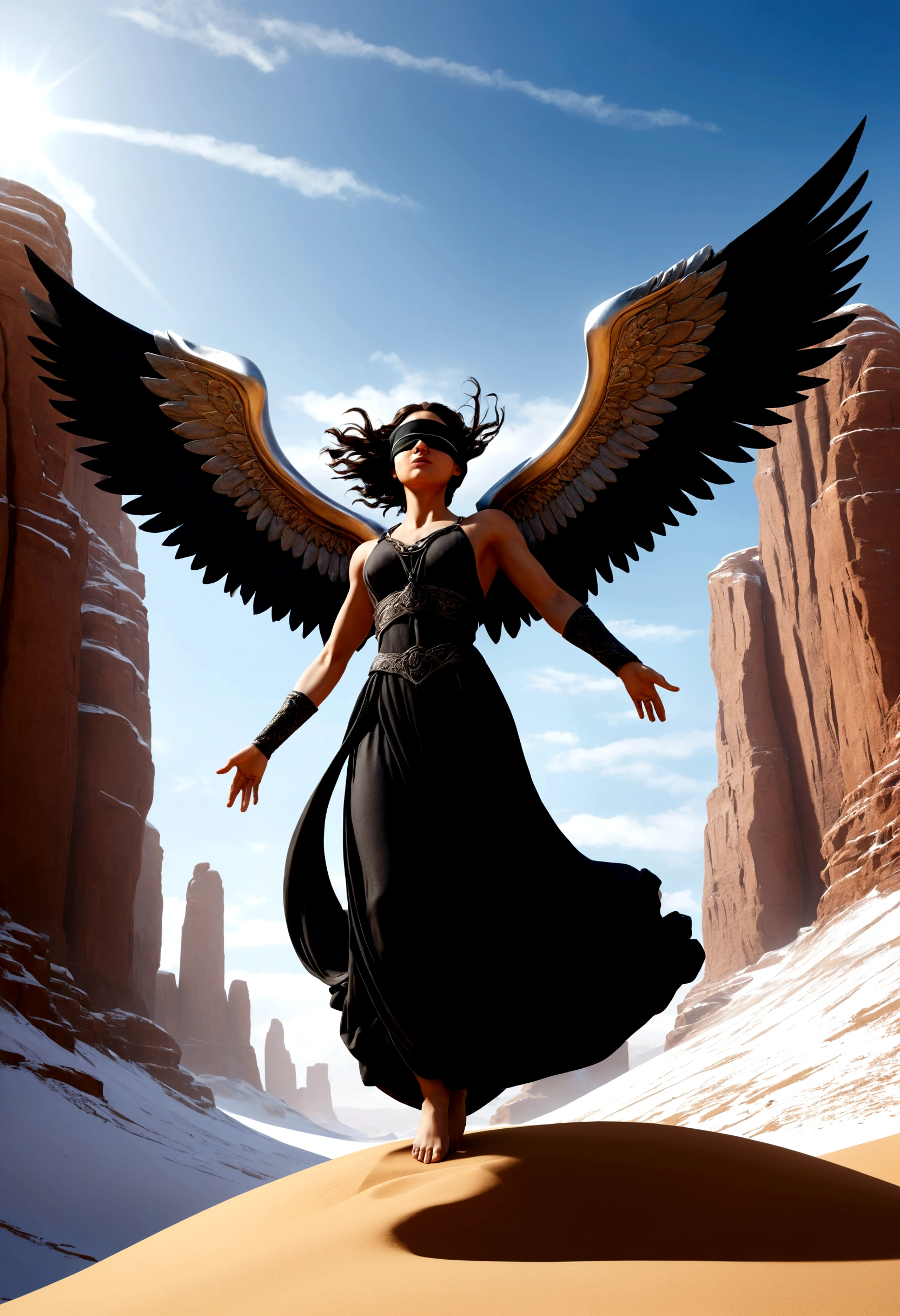 image style levitating suspended in the CEU in the air: low angle shot: the camera is at ease to a guardian angel movie scene This image shows a frozen desert environment guardian angel figure with black wings wearing a black blindfold over his eyes, symbolizing blindness or impartiality. On the one hand, she holds an ancient scales of justice and, For another, a sword, reinforcing the iconography of Justice