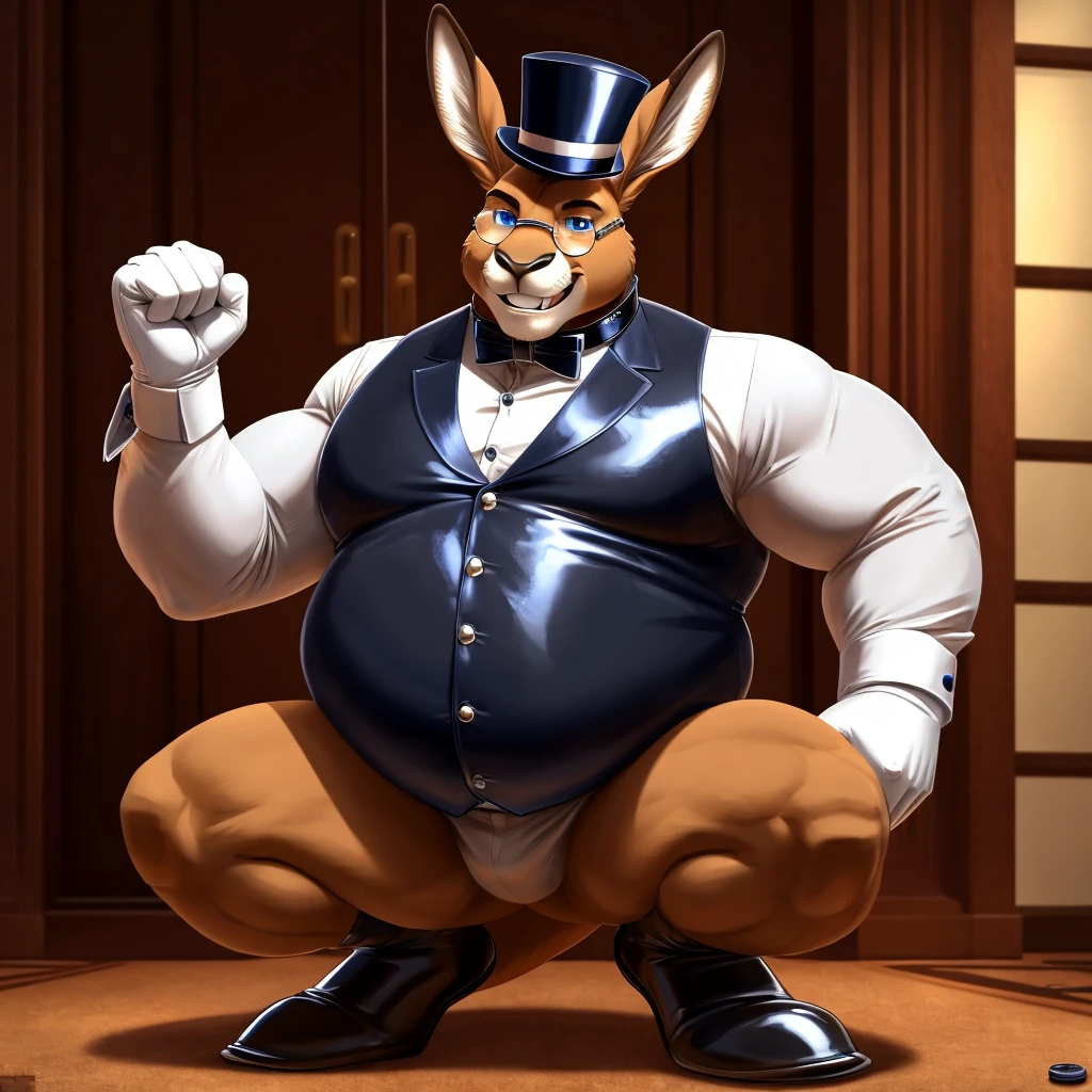 Solo, Male, fat, squatting, extremely obese, gentleman, dapper, Kangaroo, blue eyes, (soft shading), 4k, hi res, ((detailed face, detailed)), looking at viewer, evil grin, collared shirt with buttons, top hat, male focus, Tuxedo, glasses, monocle, vest with buttons, sleeves rolled up, round eyewear, brown headwear, brown vest, Kangaroo is wearing a glossy leather dog collar around the neck, Kangaroo is wearing the leather collar and shirt and vest at the same time, Kangaroo is wearing glossy white rubber gloves on the hands, wearing white rubber gloves on the feet, Kangaroo is wearing glossy white cuffs around the wrists with cufflinks, gloves are rubber in texture, clenching teeth, clenching fists, leather collar is glossy and shiny with a lot of detail, Kangaroo is wearing gloves and cuffs and cufflinks at the same time, leather collar has a round dog-tag, leather collar is thick and detailed.