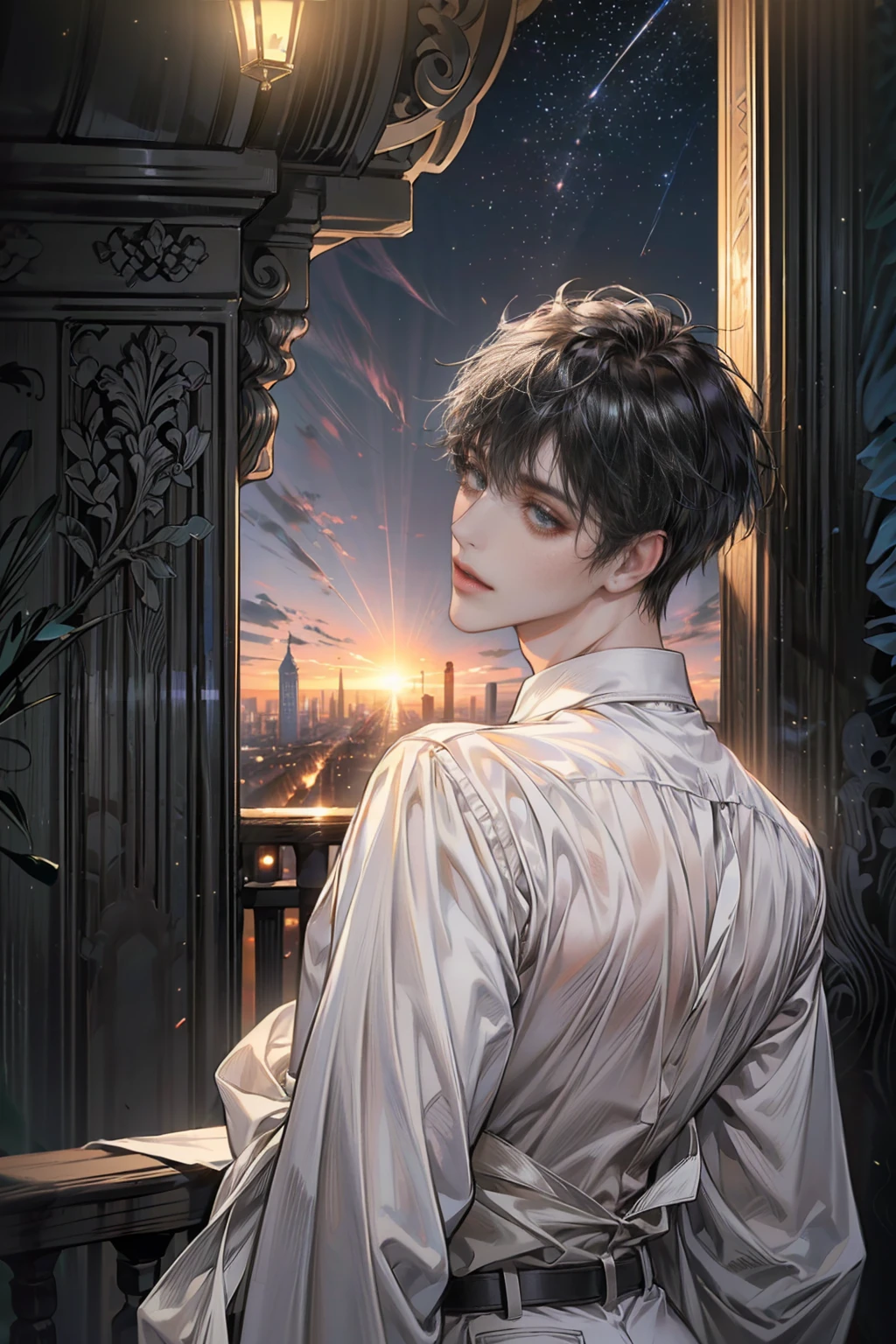((4K works))、masterpiece、(top-quality)、One Beautiful Boy、Slim body、tall、((Black Y-shirt and white pants、big ass,Charming street style))、(Detailed beautiful eyes)、Stylish English Black Balcony、Castle inhabited by villains、Black shop window、Balcony at night、((Starry sky in the background))、((dark sky))、((Stylish cityscape))、((Shot on a stylish veranda))、mid night、((Short-haired black hair))、((Smaller face))、((Neutral face))、((White eyes))、((American adult male))、((Adult male 26 years old))、((Cool Men))、((Like a celebrity))、((Wild look))、((Korean Makeup))、((elongated and sharp eyes))、((Happy dating))、((boyish))、((Upper body photography))、Professional Photos、((Shot alone))、((shot from back))、((Shot so that the back of the head is visible))、((Shot in close proximity to him))、((Focus zoom in))、((He is watching the sunset))、((He is standing on the balcony))