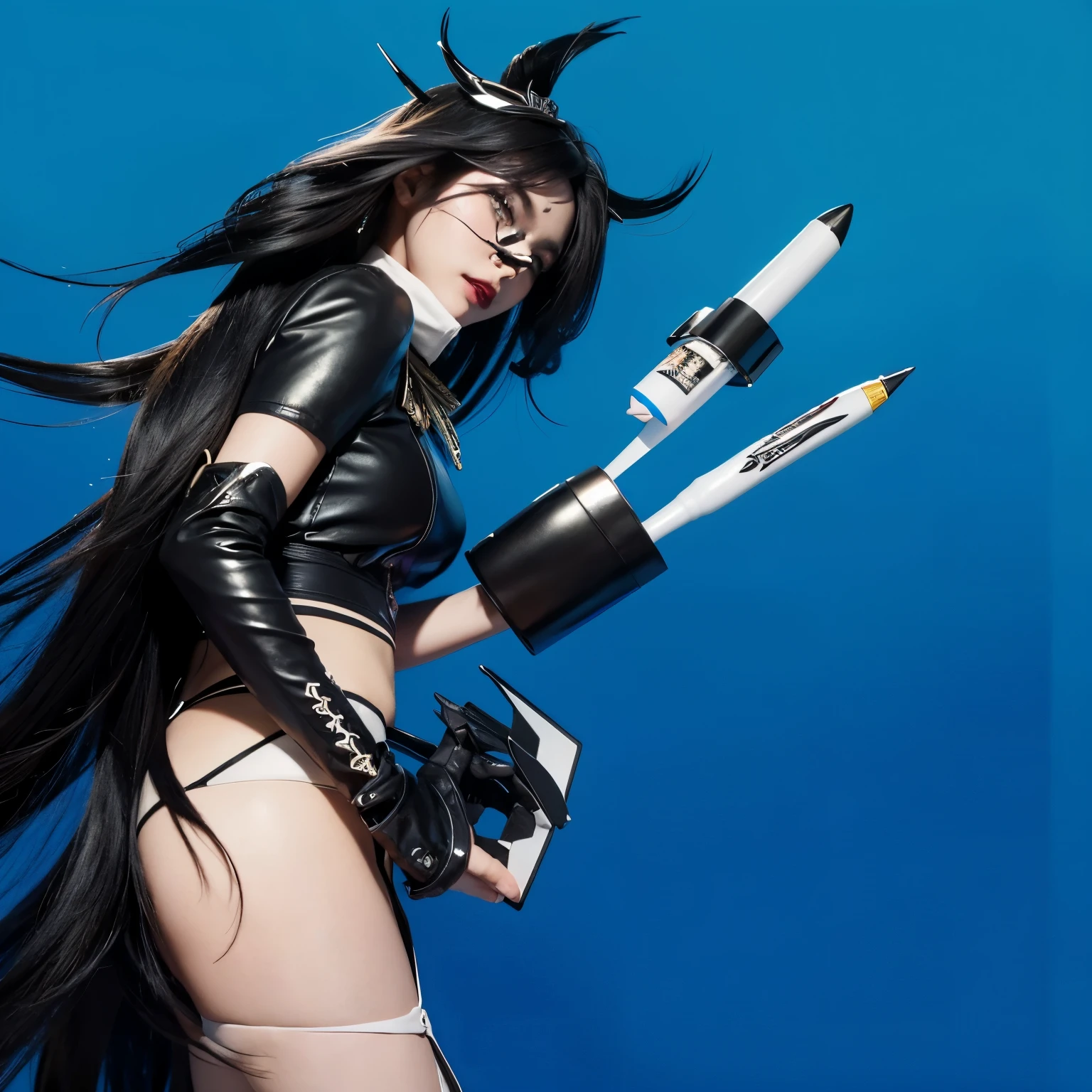 This image captures the striking beauty of an Asian female character, emphasizing her glossy, satin-like gray skin and the intricate details of her face and hair. Her long, black hair is styled dramatically with sharp, upward spikes that add an edgy aesthetic, complementing her fierce expression. Her makeup is meticulously applied, featuring dark, bold eye makeup and black lipstick that highlight her facial features, enhancing her overall stunning appearance. She wears a sleek black top with a high collar and white cuffs, matched with stylized white gloves adorned with intricate black designs, possibly tattoos, which merge seamlessly with the metallic and chrome elements in her attire. These reflective metallic details add a futuristic touch to her outfit, blending beautifully with the vivid blue background that contrasts sharply with her hair and skin tone, drawing attention to her dynamic pose and the surreal flying objects around her, which resemble stylized missiles or pens.