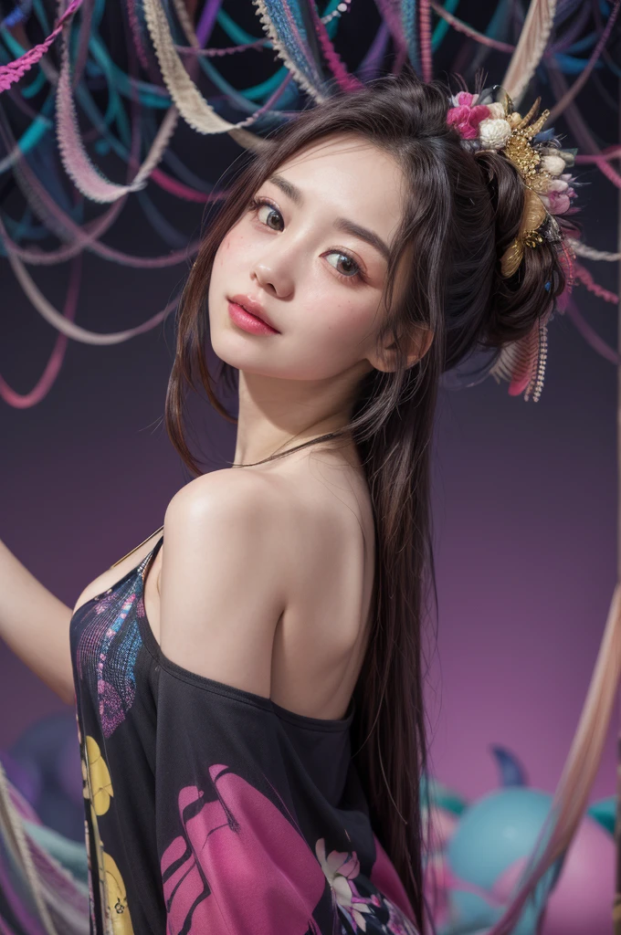 Realistic、(masterpiece、Highest quality、Highest quality、Official Art、beautifully、aesthetic:1.2)、Symmetrical face,Very detailed、woman,日本人woman,colorful、The finest details、Tangled、(The background is bright and abstract:1.5)、Bright Eyes、Back to all、Masseter region,High resolution,Idol、clavicle、photograph、movie、Eyes from below,Long Hair,View your audience、Cleavage,((surrealist clothes:1.4)),Puffy eyes,sit