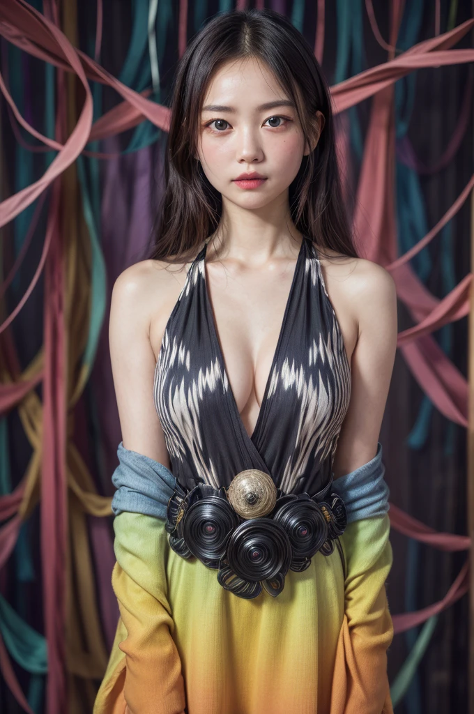 Realistic、(masterpiece、Highest quality、Highest quality、Official Art、beautifully、aesthetic:1.2)、Symmetrical face,Very detailed、woman,日本人woman,colorful、The finest details、Tangled、(The background is bright and abstract:1.5)、Bright Eyes、Back to all、Masseter region,High resolution,Idol、clavicle、photograph、movie、Eyes from below,Long Hair,View your audience、Cleavage,((surrealist clothes:1.4)),Puffy eyes,sit
