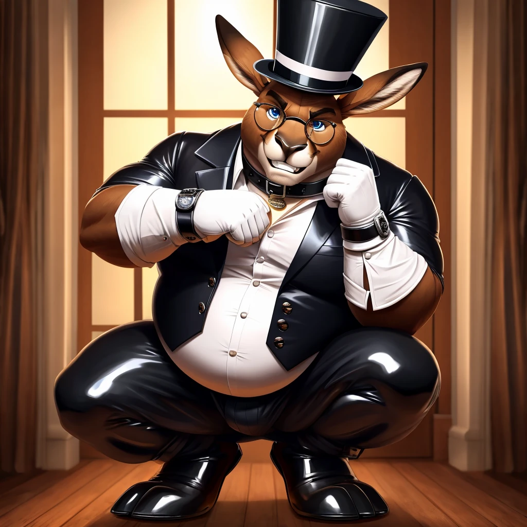 Solo, Male, fat, squatting, extremely obese, gentleman, dapper, Kangaroo, blue eyes, (soft shading), 4k, hi res, ((detailed face, detailed)), looking at viewer, evil grin, collared shirt with buttons, top hat, male focus, Tuxedo, glasses, monocle, vest with buttons, sleeves rolled up, round eyewear, brown headwear, brown vest, Kangaroo is wearing a glossy leather dog collar around the neck, Kangaroo is wearing the leather collar and shirt and vest at the same time, Kangaroo is wearing glossy white rubber gloves on the hands, wearing white rubber gloves on the feet, Kangaroo is wearing glossy white cuffs around the wrists with cufflinks, gloves are rubber in texture, clenching teeth, clenching fists, leather collar is glossy and shiny with a lot of detail, Kangaroo is wearing gloves and cuffs and cufflinks at the same time, leather collar has a round dog-tag, leather collar is thick and detailed.