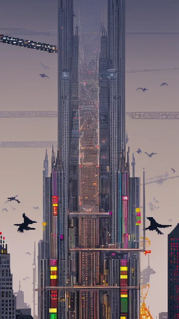 Straight road running through the center of the city, game concept, game map, pixel, pixel art, (straight road:1.2), paved road, night, detailed, vertical, bird's eye view, modern city, modern buildings, post-apocalypse, front projection