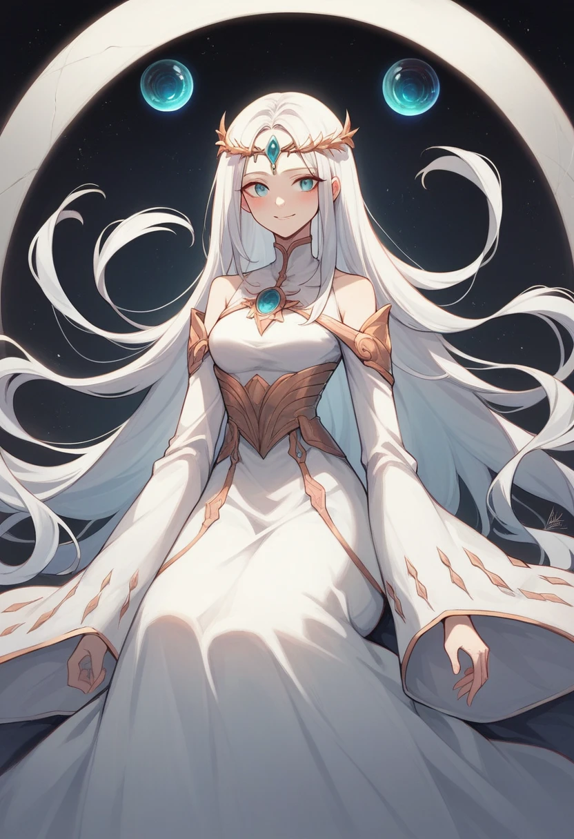 masterpiece, Highest quality, Julia Fe, One girl, alone, Long Hair, View your viewers, blush, smile, Negative Space, (Bioluminescence:1.2), darkness, Dark Background, Long sleeve, dress, Bare shoulders, Medium chest, very Long Hair, Wide sleeves, Cape, white dress, Circlet