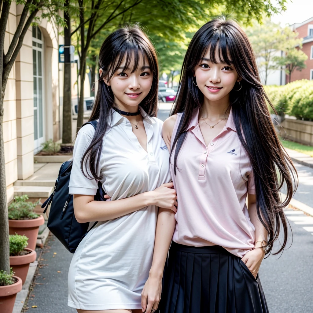 ((best quality)), ((masterpiece)), (details), one girl, sexy ((best quality)), ((masterpiece)), (details), one girl, sexy ((best quality)), ((masterpiece)), (details), one girl, full body, sexy expensive body, expensive, long legs, mature woman, mature, adult, it_nagatoro_main, Nagatoro Hayase, one girl, blushing, alone, uniform polo shirt, black hair, bag, brown eyes, hair accessory, looking at viewer, hair clip, outdoors, backpack, smiling, long hair, dark skinned woman, dark skin, , bangs, daytime, skirt, collared shirt, collarbone, ear clip, mouth closed, tree, asymmetrical bangs, upper body