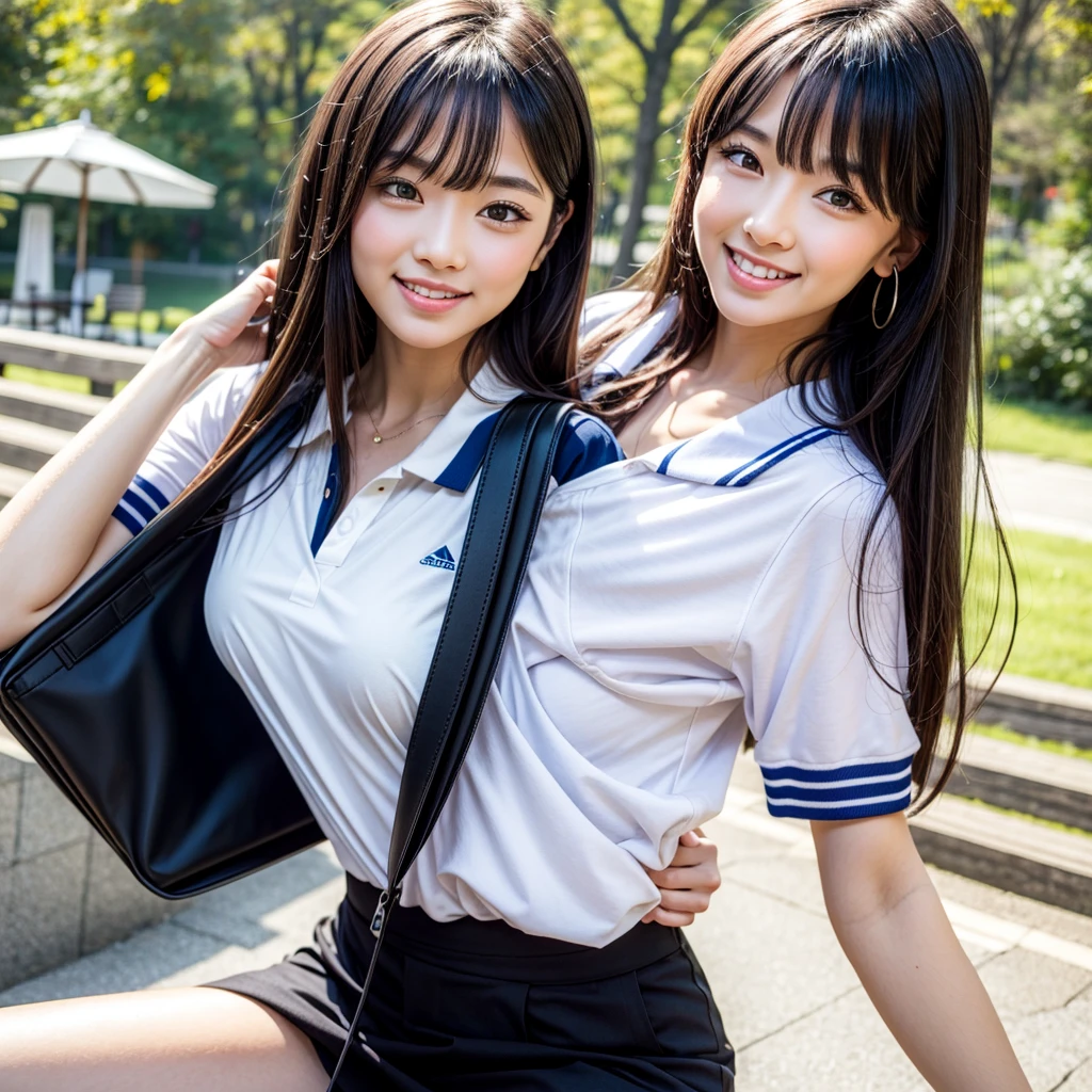 ((best quality)), ((masterpiece)), (details), one girl, sexy ((best quality)), ((masterpiece)), (details), one girl, sexy ((best quality)), ((masterpiece)), (details), one girl, full body, sexy expensive body, expensive, long legs, mature woman, mature, adult, it_nagatoro_main, Nagatoro Hayase, one girl, blushing, alone, uniform polo shirt, black hair, bag, brown eyes, hair accessory, looking at viewer, hair clip, outdoors, backpack, smiling, long hair, dark skinned woman, dark skin, , bangs, daytime, skirt, collared shirt, collarbone, ear clip, mouth closed, tree, asymmetrical bangs, upper body
