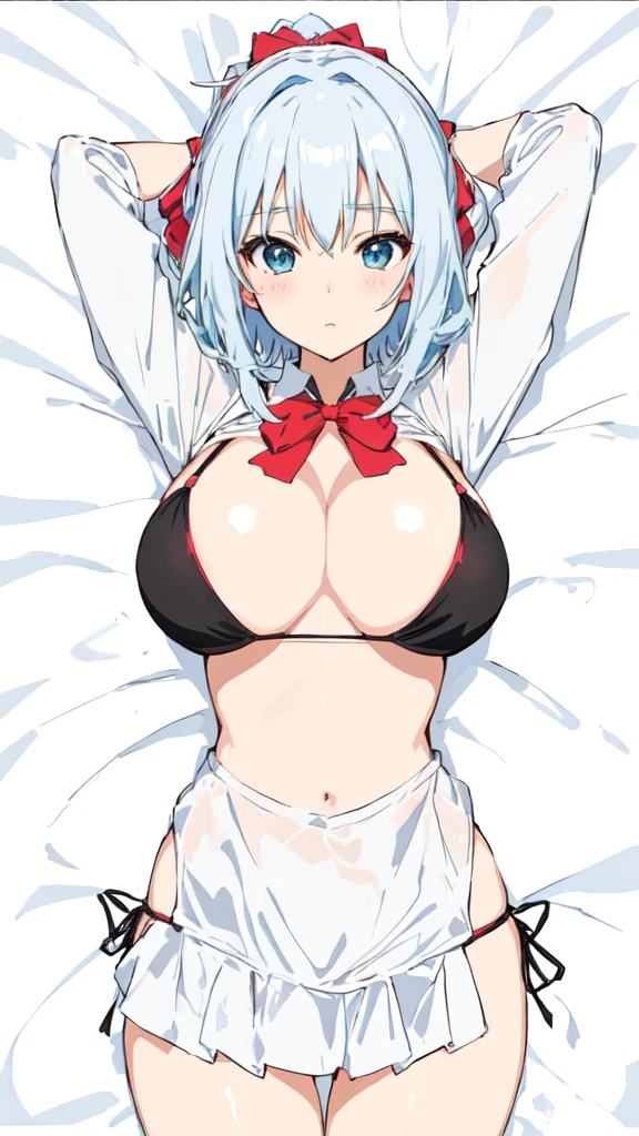 anime girl in a bikini,huge breasts, lying,anime style