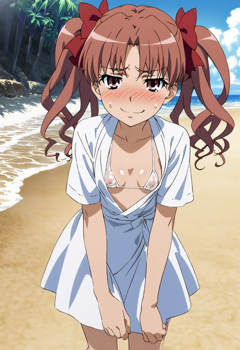 1girl, shirai kuroko, toaru majutsu no index ,micro bikini, nipple slip, nsfw, anime, official art, beach, smile, nose blush, shy laugh,