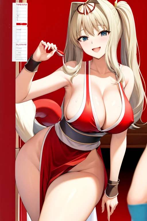 masterpiece, best quality, beautiful art, high resolution, well formed hands, body and fingers, 1 woman, solo, Sasara  Kusugawa, blonde, grown up,  cosplaying as Mai Shiranui , mai_shiranui_cosplay, adult, large and round breasted, cleavage full body picture , hair ribbon, gorgeous legs and, thighs, sexy Japanese clothes, hair ornament , sexy legs , hips and thighs,doing exercise, warming up, working out, sexy and captivating training, smiling joyfully and happily , looking at the viewer, panties peek, sweating , bouncing breasts, t back thong, training montage session, beach environment   