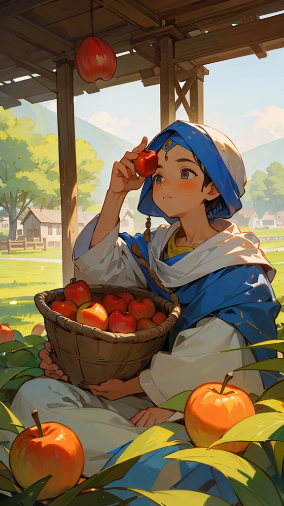 In a small village There lived an orphaned boy named Rama and his grandmother They lived simply. One day Rama was hungry and took an apple from the basket without the farmer knowing 
