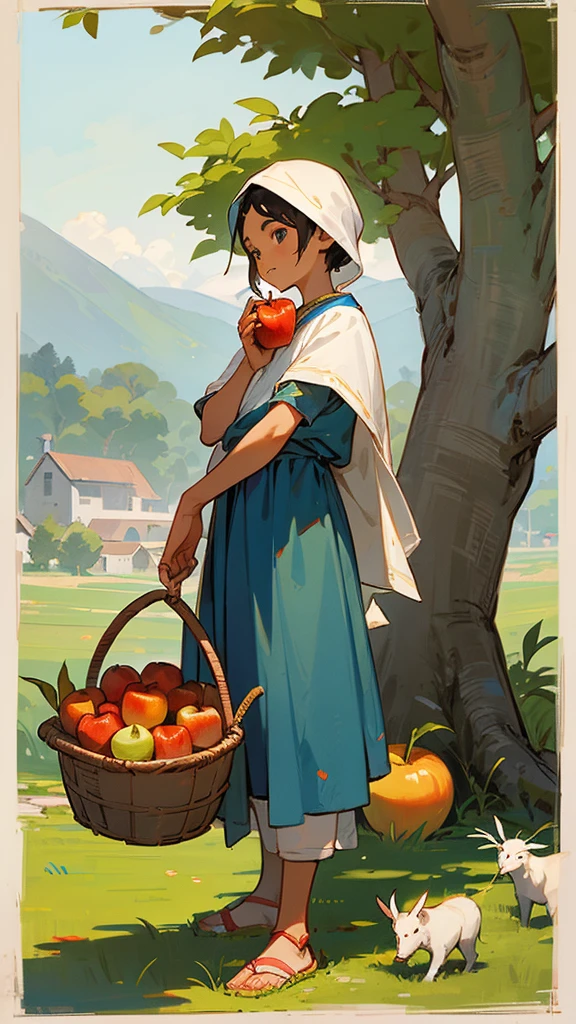 In a small village There lived an orphaned boy named Rama and his grandmother They lived simply. One day Rama was hungry and took an apple from the basket without the farmer knowing