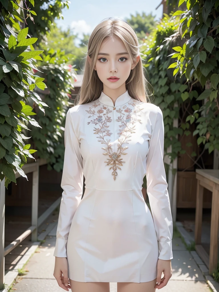 (((White background、White Blonde、forehead、White background、China dress、Ao Dai、Decoration、Frills、race、Cowboy Shot、22-year-old woman、Mature Woman、Mature face))), bright, Refreshing and gentle look, Perfect beautiful face、White Blondeのロングヘア,Beautiful and shiny hair, Very beautiful woman, eyeliner, So perfect and beautiful、Lovely large, clear, sky-blue eyes,Random pose