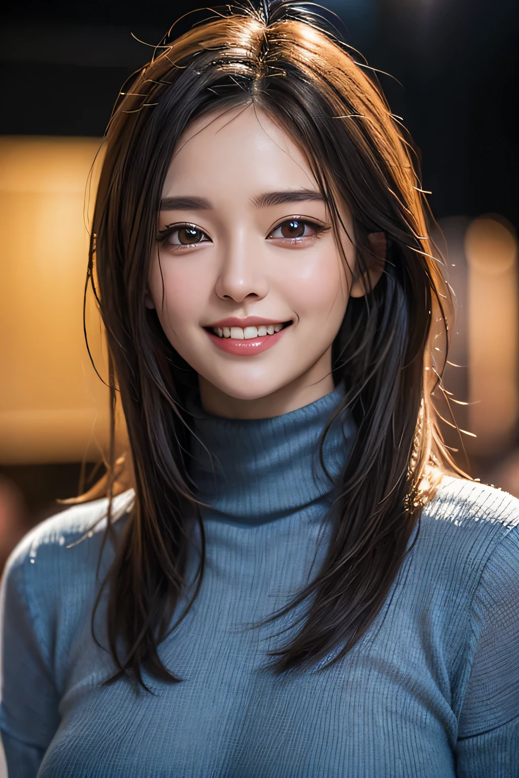 ((masterpiece)), ((Highest quality)), ((Complex)), ((Surreal)), (Realistic), (Mature Woman), ((There are no classes)), Very detailed, (1 female), Beautiful and exquisite, (Beautiful Teeth), Grin, Brunette Bob Hair, Brown eyes, ((Blue turtleneck)), (Upper Body), (background:none), Perfect Eyes, Captivating eyes, Looking at the audience