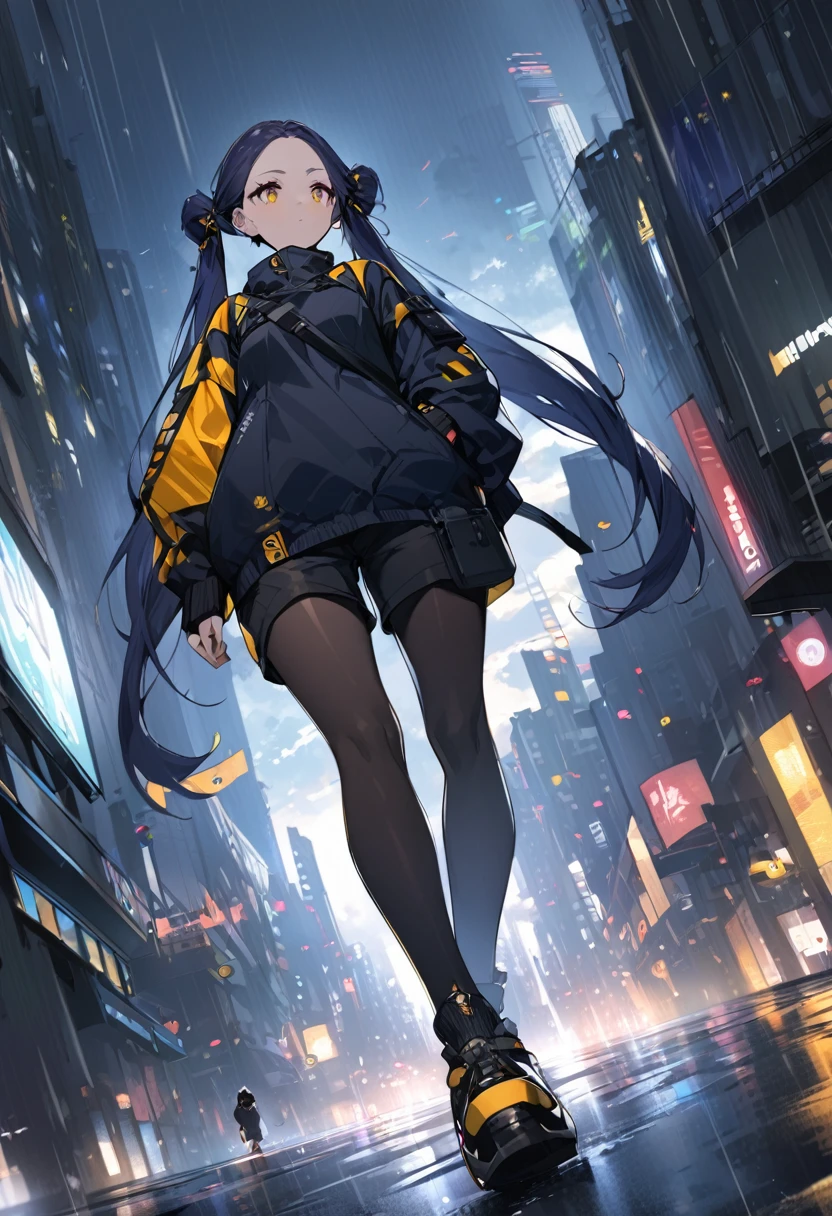 (One person,Very tall woman,Dark navy blue hair,Her hairstyle is twin tails that expose her forehead.,Medium chest,yellow eyes,Black Techwear,Shorts,Dynamic Angle,Walking in the rainy city)