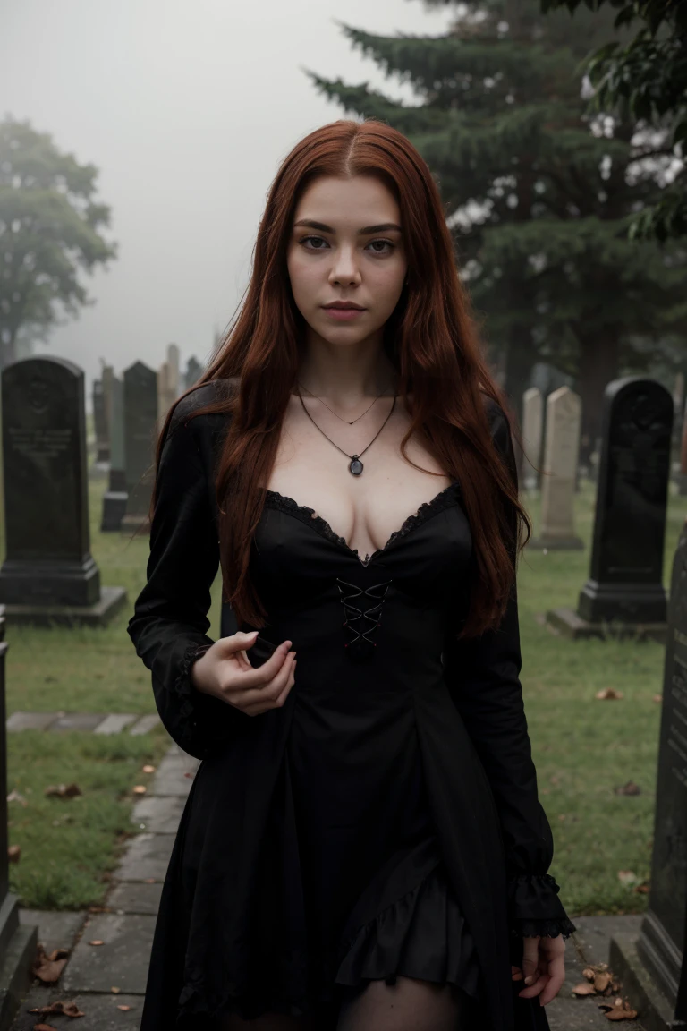 Arafed woman wearing a black dress, wavy red hair, short and messy and a necklace., Promotional photo, Anya Taylor - Vampire Queen Joy, artistic style tom bagshaw, beautiful vampire woman, carmilla vampire, Portrait of a young witch, vampire fashion, samara weaving vampire, tom bagshaw studio weta, With red hair, still photo, witch clothes, Beautiful witch in the foggy cemetery, photorealistic, 8k