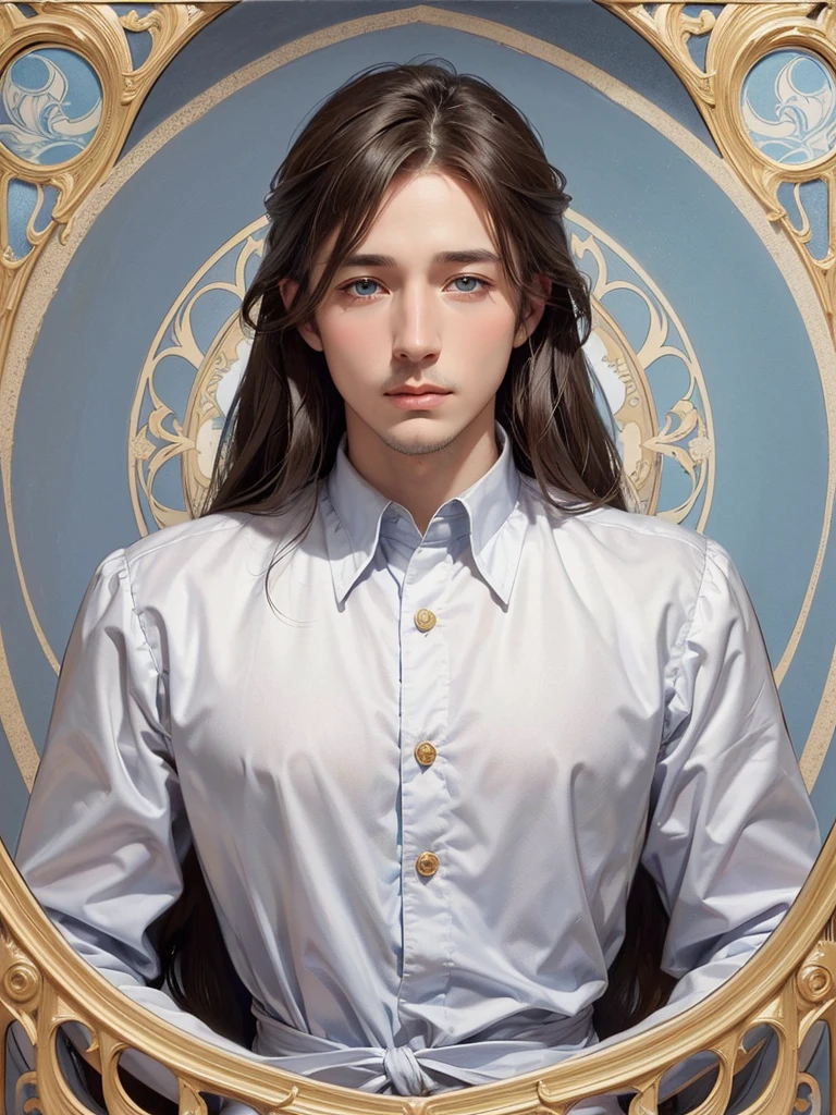 Portrait of Heinrich Heine, white skin, greyish-blue eyes, silky golden-brown hair, refined features, charp jawline, clean shaved, white laced shirt, Art Nouveau style, Mucha style, Mucha background, realism, high quality