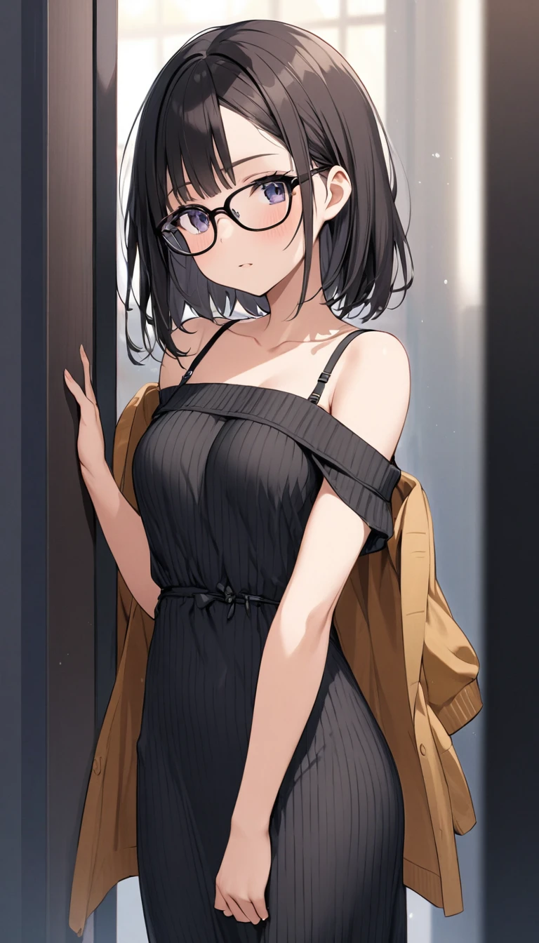 short、Black-rimmed glasses、Knit off-shoulder maxi dress、Bra straps on shoulders