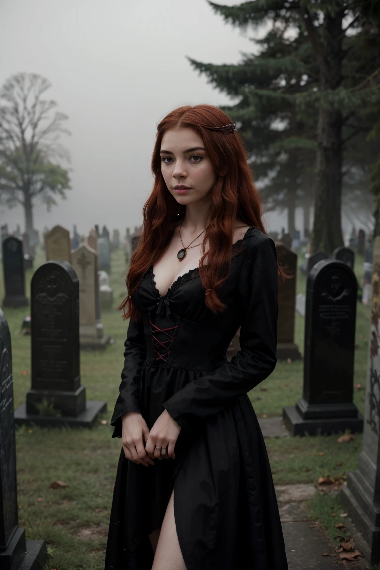 Arafed woman wearing a black dress, wavy red hair, short and messy and a necklace., Promotional photo, Anya Taylor - Vampire Queen Joy, artistic style tom bagshaw, beautiful vampire woman, carmilla vampire, Portrait of a young witch, vampire fashion, samara weaving vampire, tom bagshaw studio weta, With red hair, still photo, witch clothes, Beautiful witch in the foggy cemetery, photorealistic, 8k