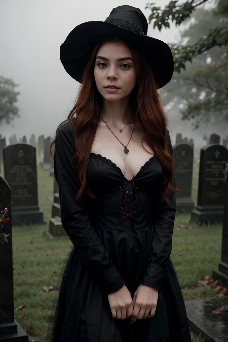 ((((NSFW)))), NSFW, naked, nude, naked pussy, open legs pose, ,Arafed woman wearing a black dress, wavy red hair, short and messy and a necklace., Promotional photo, Anya Taylor - Vampire Queen Joy, artistic style tom bagshaw, beautiful vampire woman, carmilla vampire, Portrait of a young witch, vampire fashion, samara weaving vampire, tom bagshaw studio weta, With red hair, still photo, witch clothes, Beautiful witch in the foggy cemetery, photorealistic, 8k