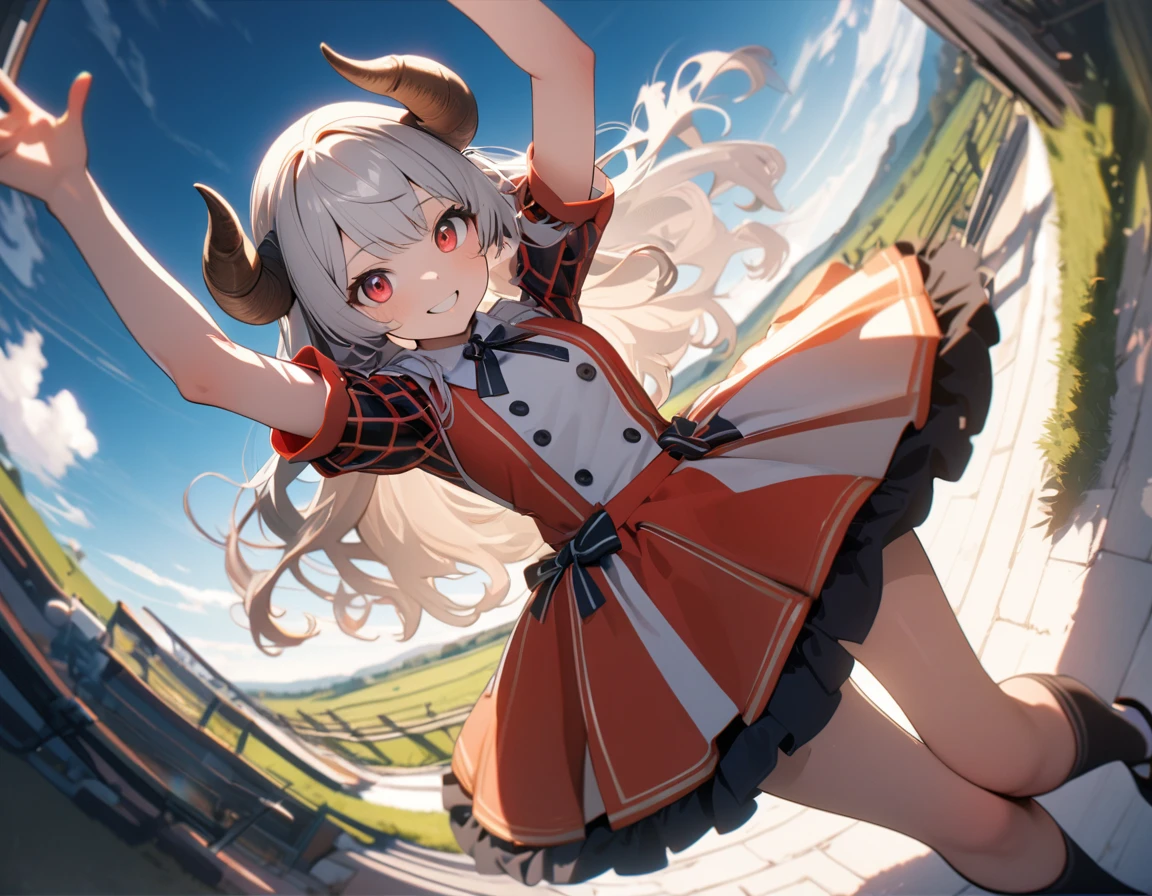 (8K, best quality, master piece: 1.2), super high resolution,1 girl,solo,yo,ultra-detailed face,detailed eyes,Sheep’s horns attached to the head,Long hair,silverhair,wavy hair,mascara,plaid pattern short sleeve red idol costume,over-kneehighs,mary janes,smile,red eyes,lying on one’s back, arms raised in the air,looking at viewer,rim light,fisheye,(cow meadow background:1.2), outdoors