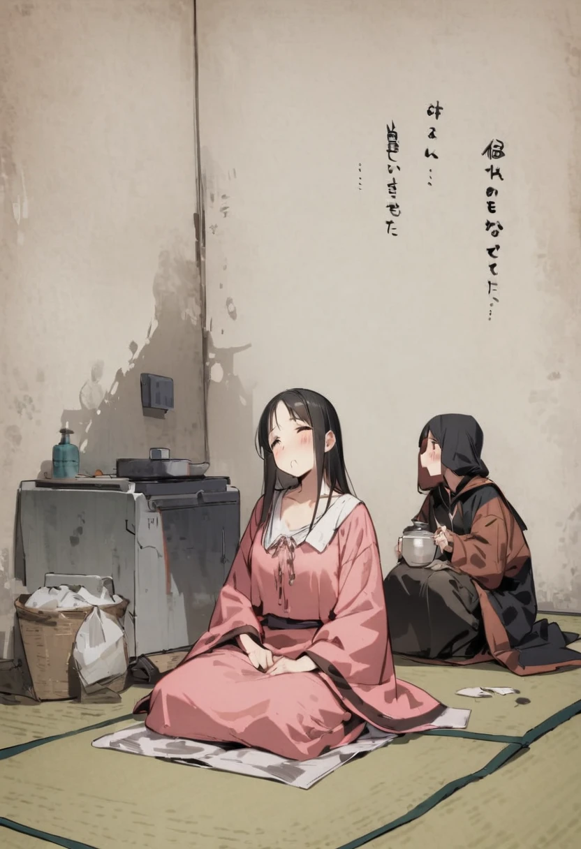 Small room、Dirty、4tatami、extreme poverty life、Boro family、Child、Parent and 、tatami、Sunken cheeks、poor、No money、Girl、Girl、Tattered clothes、Sit down and eat、seiza、No money、Are thin、clavicle、I'm not feeling well、Expressionless、Small and dirty room、The clothes are also dirty、The face is also dirty、Eating rice、Looks lonely、Tattered room、Twilight、Dirty table、Small room、Dirty property、rent51,000 yen