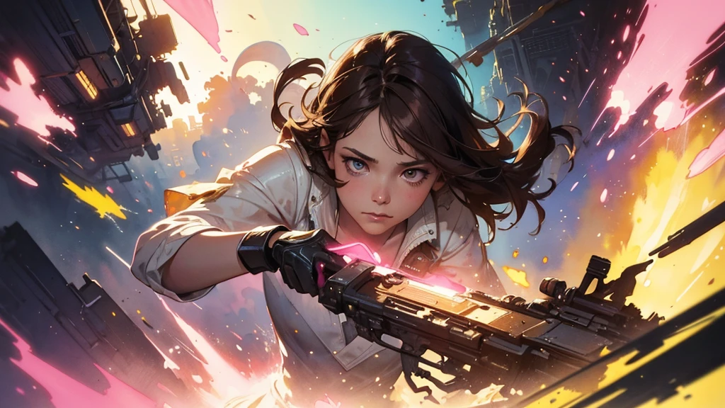 32k, Masterpiece, Highest quality, One girl, Brown Hair, Detailed eyes, flower,sweet pea, Pink and yellow style,A dreamy, romantic piece,Pale pink, Mysterious Leaves,A playful arrangement,Fantasy,High Contrast,Ink strokes,explosion,Exposure, Impression of pink and yellow tones,Abstract,((Watercolours by John Berkey and Jeremy Mann )) Brush strokes,Negative Space, Tyndall effect,