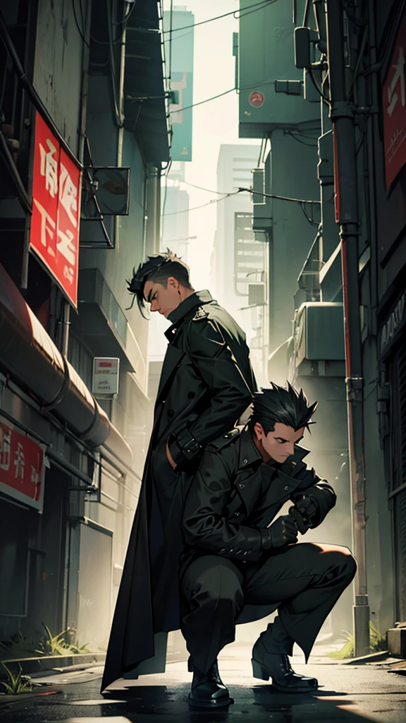 Adult male, very spiky standing hair, 
Jet black Long trench coat, squatting, wearing gloves, green accennts, eyes close, tall