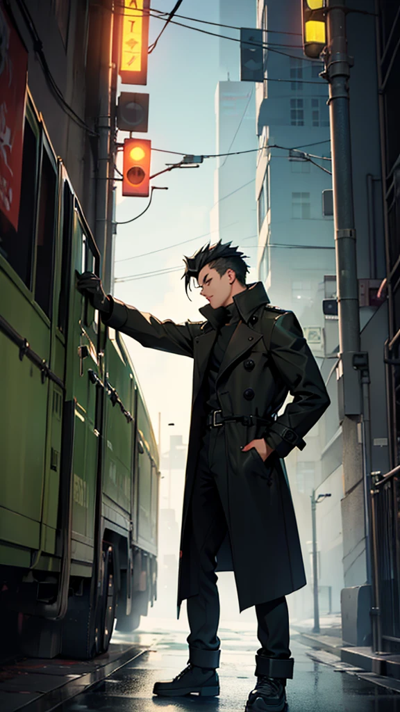 Adult male, very spiky standing hair,
Jet black Long trench coat, squatting, wearing gloves, green accennts, eyes close, tall
