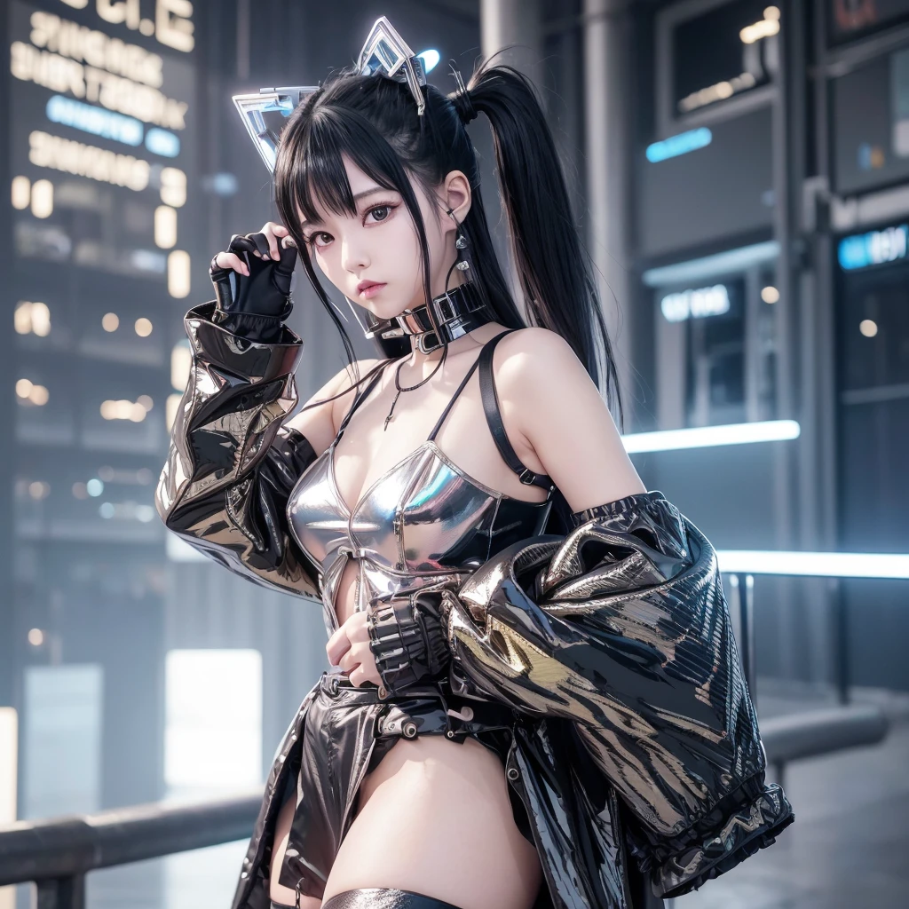 8k, best quality, high resolution, realistic, real person, night red light district, smile, young and pretty single girl, metallic pleated skirt, bodysuit, booties with heels, (wearing a lot of fancy accessories))