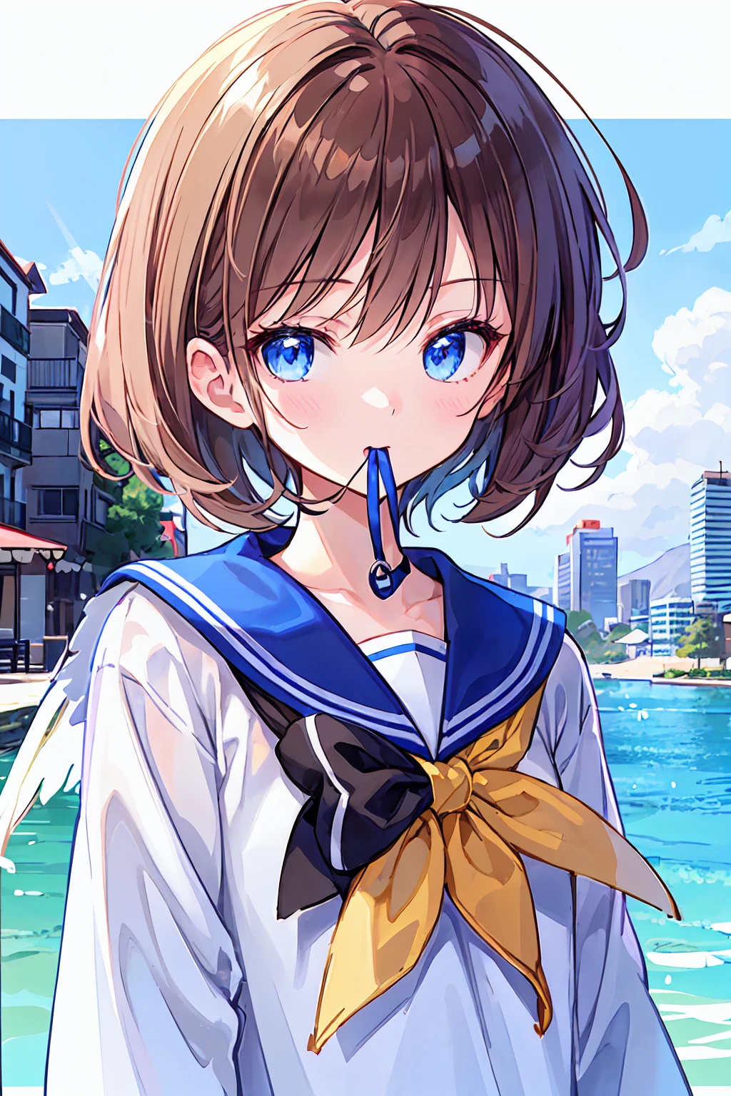 Ski Style, One girl, alone, Brown Hair, blue eyes, wing, View your viewers, bangs, short hair, bow, Sailor collar, white Sailor collar, hair bow, bow, Mouth closed, shirt, white shirt, Bobcut, mini wing, Portraiture, detached wing, compensate, Upper Body, Background city